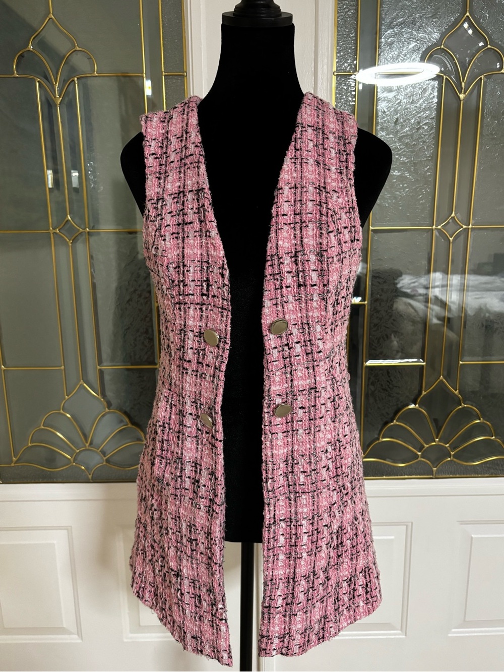 Sleeveless Pink Tweed Button-Front Vest Cardigan